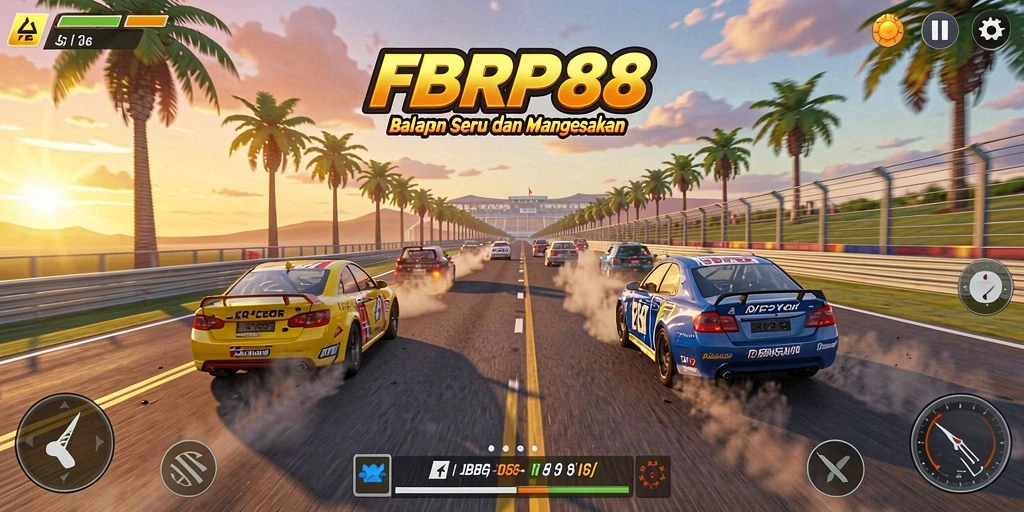 Screenshot FBRP88 menampilkan aksi balap yang mendebarkan dan mobil yang beragam.