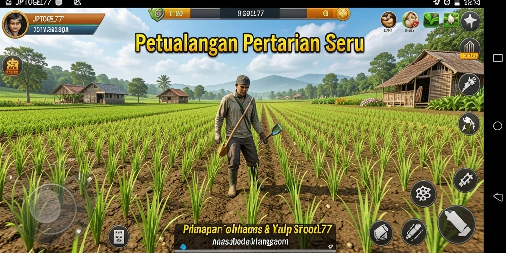Screenshot gameplay JPTOGEL77 menampilkan aktivitas pertanian yang penuh warna.