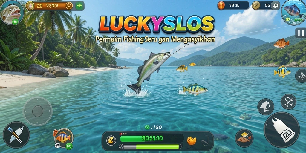 Screenshot gameplay LUCKYSLOTS menampilkan serunya aksi memancing di laut.