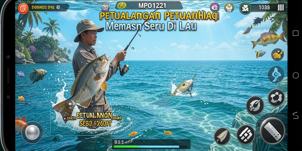Gameplay MPO1221 yang menampilkan aksi memancing di laut dengan grafis menawan.