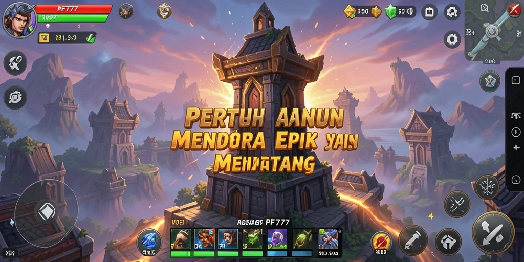 Screenshot mendebarkan dari gameplay PF777 yang menunjukkan menara bertahan.