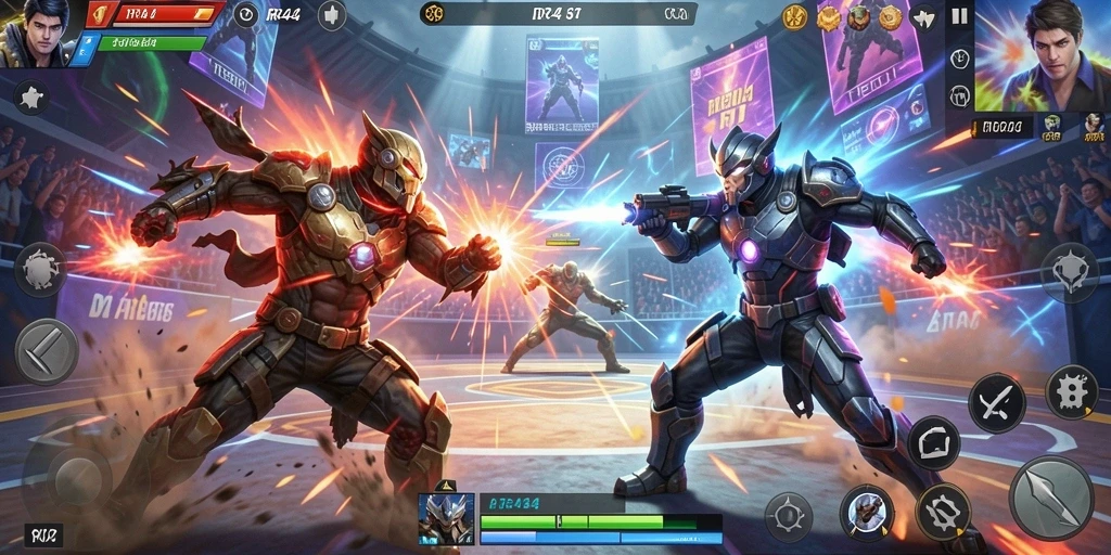 Screenshot game Fighting RR44 menampilkan pertarungan seru dengan grafis menawan.