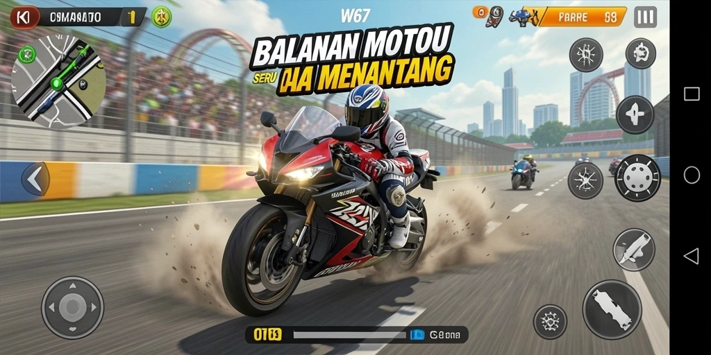 Screenshot utama W67 menampilkan aksi balapan motor yang intens dan grafis menawan.